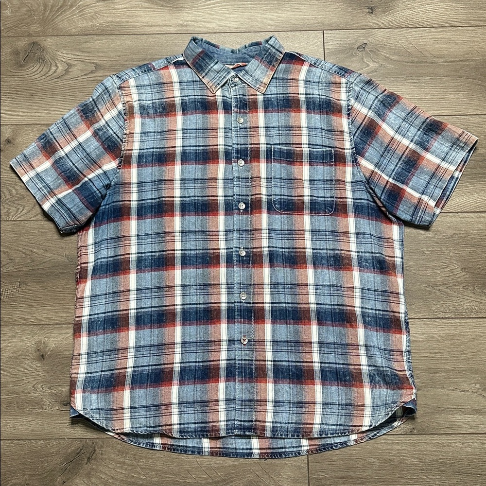 Tommy Bahama Plaid‎ Short Sleeve Button Up Shirt Red Blue Size Large